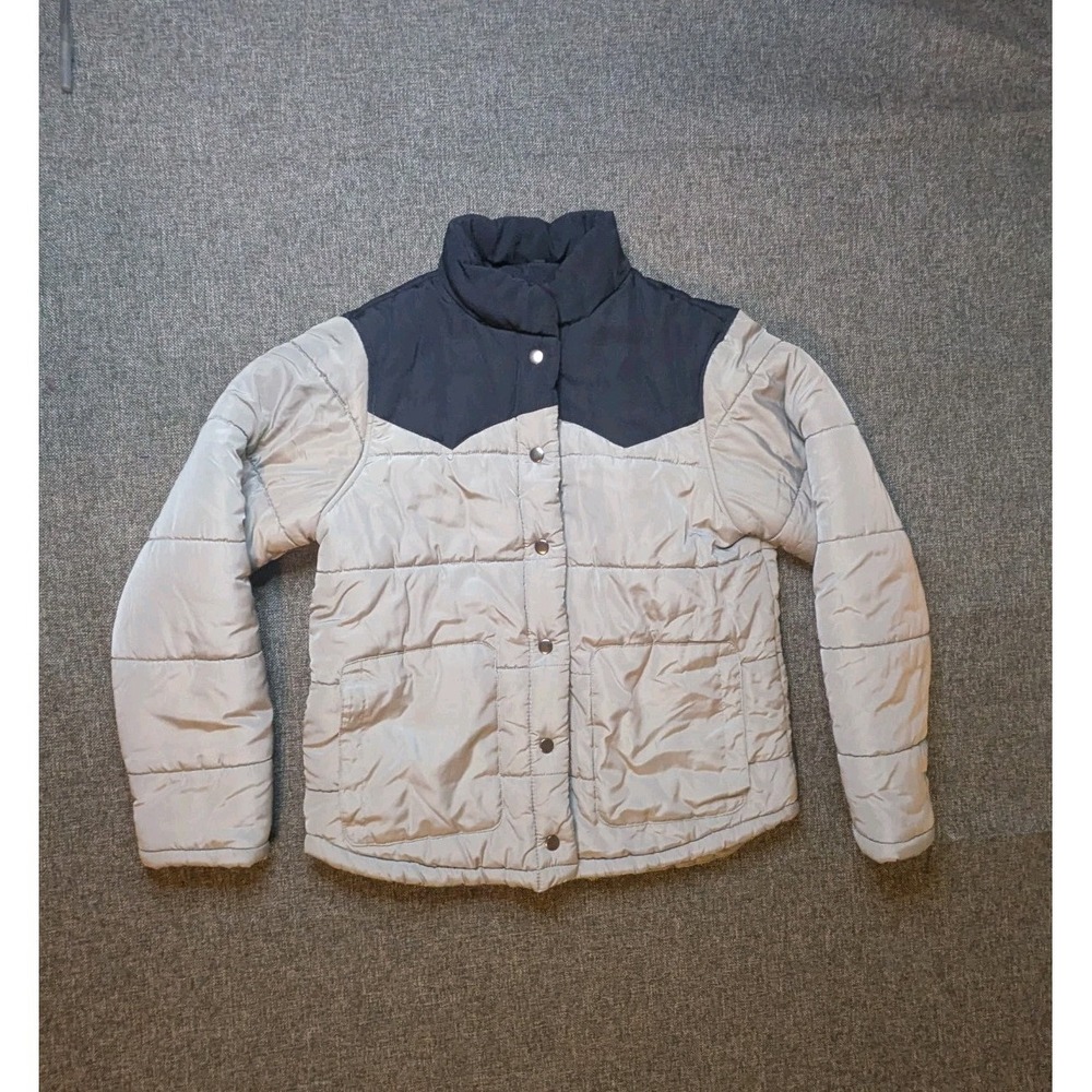 STOIC Puffer Jacket Mens‎ Large  Beige & Black Flower Design Lined Coat Pockets